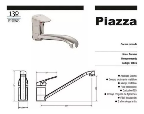 Griferia Piazza Mesada Monocomando Domani Cocina