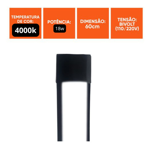 Luminaria Tubular Led Slim 18w 60cm Preta 4000k Sobrepor