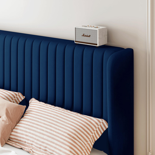 Base De Cama Matrimonial De Terciopelo Azul Con Cabecera Cap