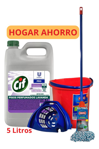 Pack Limpiador Piso Cif 5l- Balde 14l-mopa C/mango Virutex