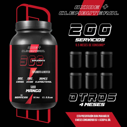 Óxido Nítrico+ Clembuterol Pre Entreno 300 Sup. 1kg 200serv Mango