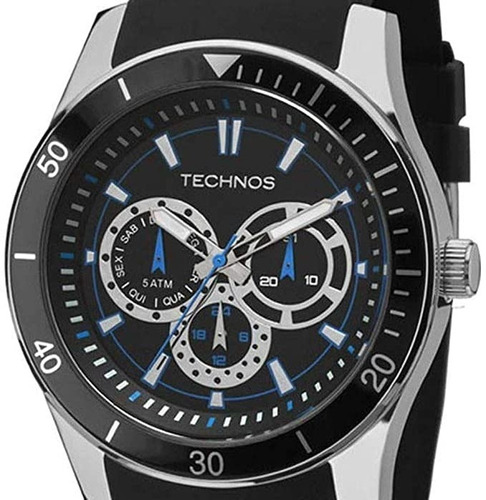 Relógio Masculino Technos Pulseira De Silicone Preto Detalhes Azul 6p29aiq/8p Original Com Garantia