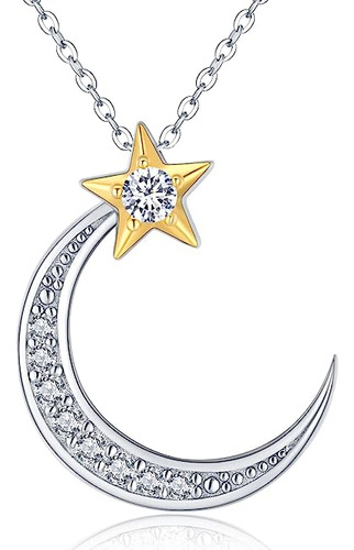 925 Sterling Silver Crescent Moon And Star Pendant Necklace