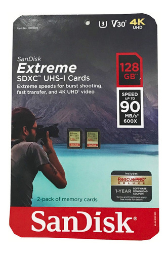 2 Pack Tarjetas Sd 128gb Sandisk Clase 10 U3 V30 4k Full Hd 