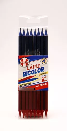 Lapiz Bicolor Rojo Carmín Y Azul Shely Madera De Color 8pz