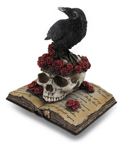 Figura Estatuilla Cuervo Sobre Calavera Con Rosas 17cm