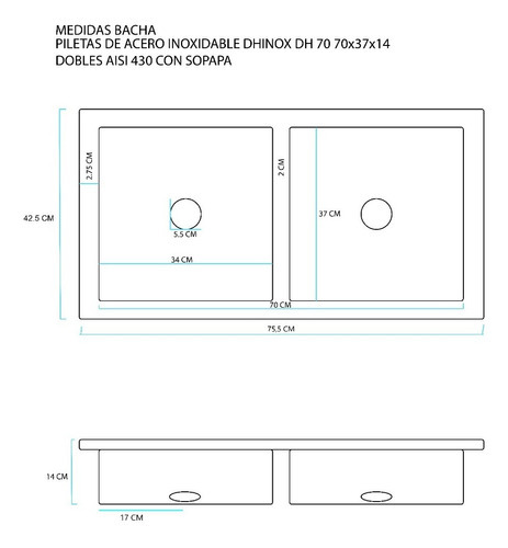 Pileta Bacha Doble De Cocina Acero Inoxidable Sopapa 70 Cm