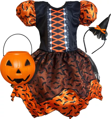 Fantasia Halloween Infantil Menina Vestido Bruxinha Morcego