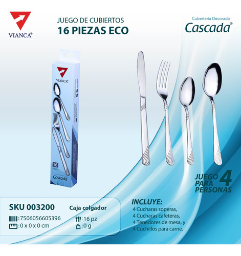 Juego De Cubiertos 16 Pz. Vianca Cascada Acero Inox. Color Pulido brillante