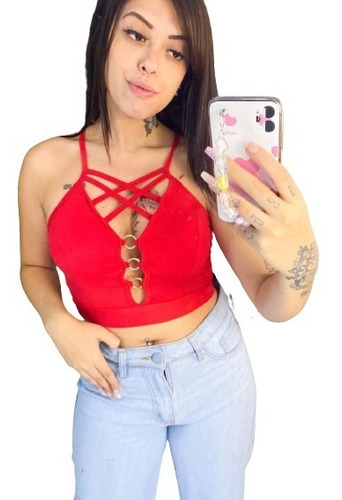 Top Cropped Blusa Tirinha Tiras Argolas Feminina Suplex