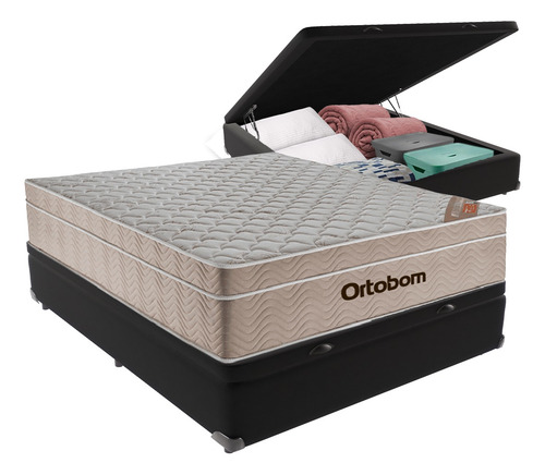 Cama Box Baú Viúvo Colchão Ortobom Airtech Springpocket Cor Preto