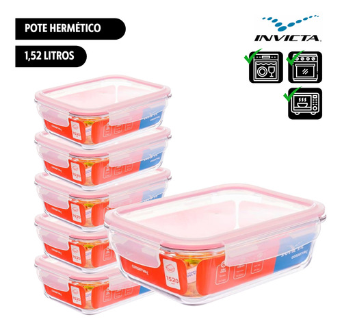 Kit C/6 Pote Hermético 1,52 Litros Retangular Vidro Invicta