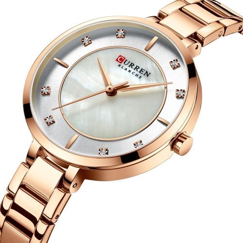 Kit Relógio Feminino Curren Quartzo Gold Rose Com Bracelete Correia Ouro Rosa Bisel Dourado Rose Fundo Branco
