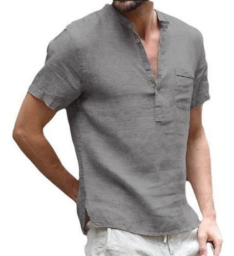 Camisa Algodon Lino Hombre Verano Cuello Bajo