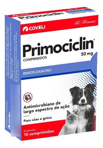Primociclin 50mg Antimicrobiano Coveli Para Cães - 10 Comp