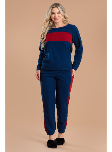 Pijama Feminino Soft Inverno Marinho Com Bordô