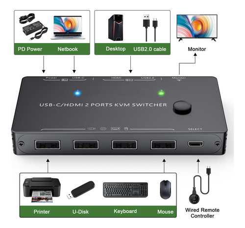 Conmutador Kvm Thunderbolt 3 Usb C Hdmi 4k 60 Hz Tipo C Usb