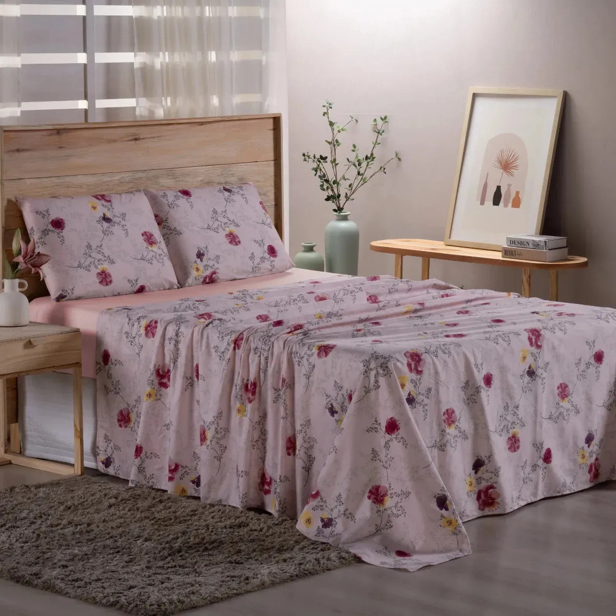 Star Moda Case jogo de lençol casal 4 peças micro percal 400 Fios cor Floral Rosê