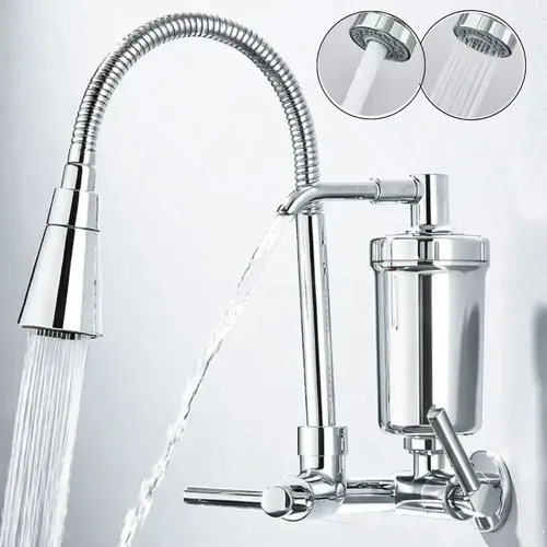 Torneira Gourmet Com Filtro Purificador de Água Flexível Pia Cozinha Bica De Parede 2 Jatos Cor Prateada Linha Premium - Marca Camperluz