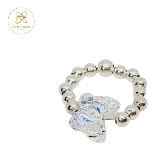 Imagen 2 de 5 de Anillo Plata Bolita 4mm Con Dije Mariposa Cristal Swa 12mm