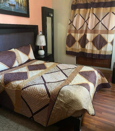 Colcha King Size Ligera Con Cortinas Y Fundas Rombos Cafes