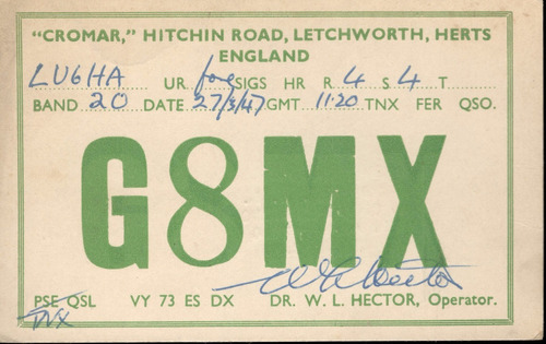 Tarjeta Qsl - De G8mx A Lu6ha (año 1947)