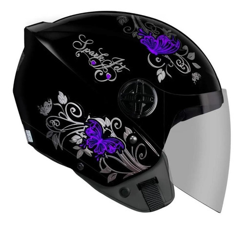 Capacete Ebf Spark Jet Borboleta Aberto Feminino Moto Cor Preto e Lilás Tamanho 58