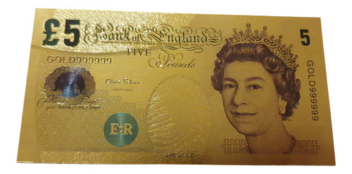Billete Coleccionable Inglaterra 5 Libras Detalles Color Oro