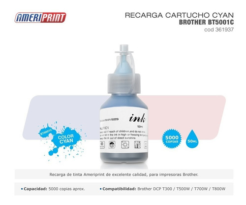 Tinta Recarga Botellita Impresora Brother Bt5001 - Cyan -fla