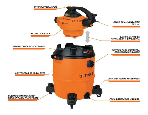 Imagen 3 de 4 de Aspiradora Truper ASPI-16 60L naranja y negra 120V 60Hz
