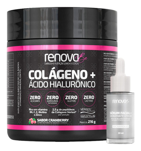 Colágeno Renova Be Com Ácido Hialurônico + Sérum Vitamina B3 Sabor Cranberry + Sérum Vitamina B3