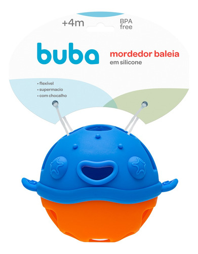 Mordedor Para Bebê Silicone Flexível C/ Chocalho Baleia Buba Cor Azul