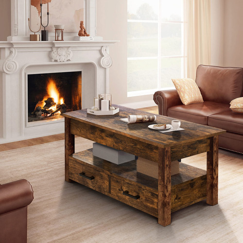 Mesa De Centro Elevable De Madera Con 2 Cajones Marrón Rústi