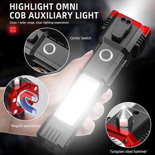Linterna Led De Carga Usb, Luz Lateral Cob Con Martillo De S