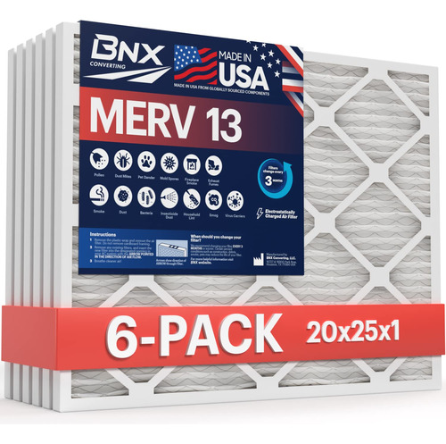 Bnx Paquete De 6 Filtros De Aire Merv 13 De 20 X 25 X 1 PuLG