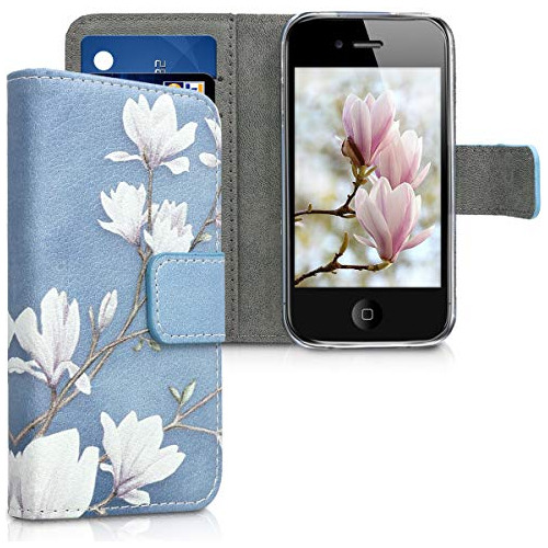 Funda Cartera Para iPhone 4 / 4s Magnolias Taupe/blanco/azul