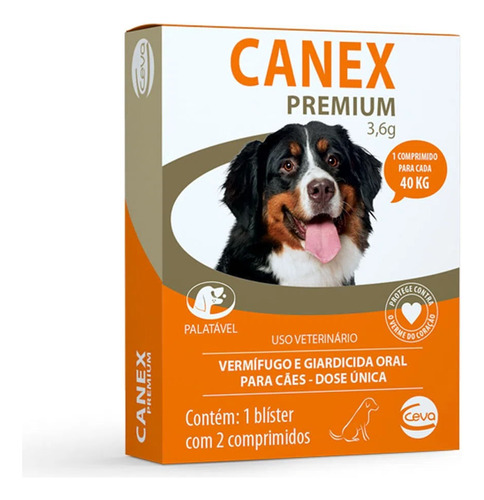 Vermífugo Ceva Canex Premium 3,6 G Para Cães 40kg Com 2 Cp Carne
