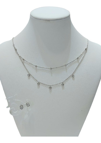 Collar Doble Caída Y Aros De Plata 925 Dijes Corazón Fiesta 