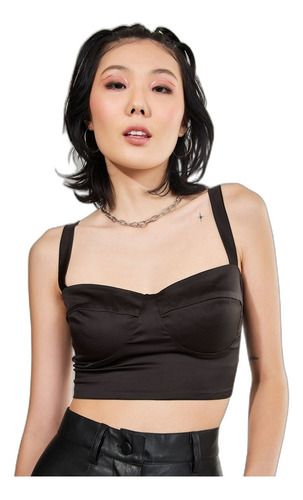 Top Cropped De Cetim Preto