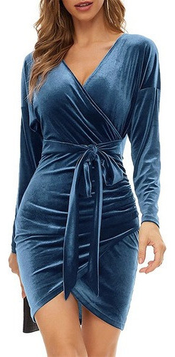 Vestido Terciopelo Manga Larga Para Mujer Sexy Cuello En V