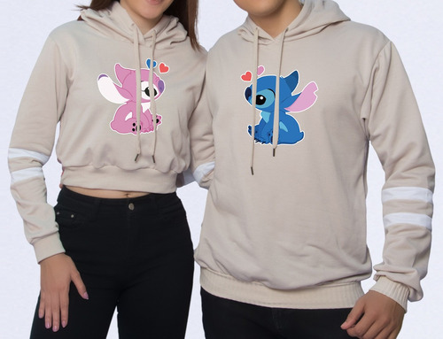 Buzo Buso Saco Hoodies Beige Pareja Stich Y Angel Enamorados