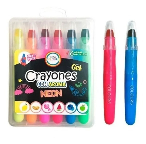 Imagen 1 de 5 de Lapices De Cera Crayon Gel Neon Retractil Con Aroma X6 Edu