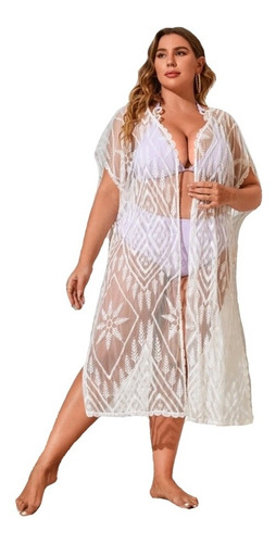 Kimono Cover Up Mesh Bordado Hojas Abertura Lateral 