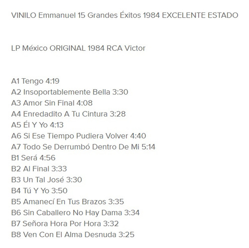Vinilo Emmanuel Grandes Exitos 1984 Todo Se Derrumbo (Usado)