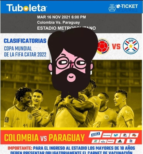 Imagen 1 de 1 de Vendo Boletas Partido Colombia Vs Paraguay 16 De Nov 2021