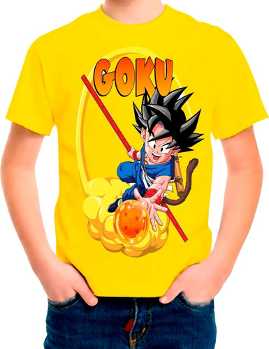 Polera Estampada 100% Algodón Niño Goku Exclusivo Bola Fuego