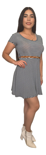 Vestido Básico Circular Cinturón Cuello Redondo Rayas