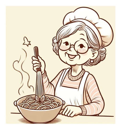 Vinilo 20x20cm Abuela Cocinando Pastas Dibujo Retro