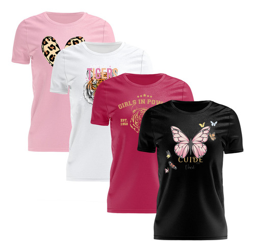 Kit 4 Tshirt Blusa Estampada Feminina Camiseta Colorida