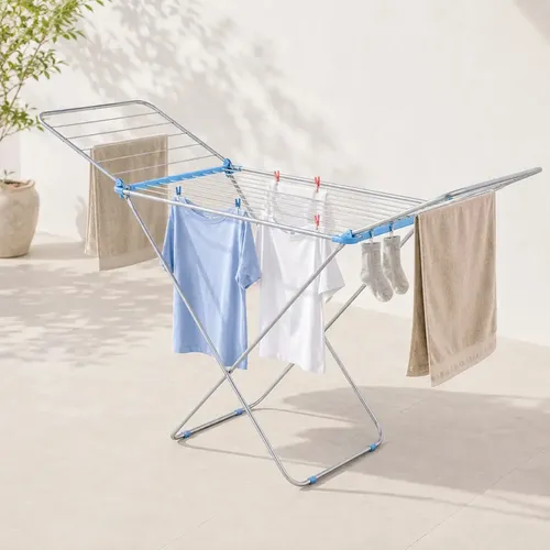 Tender Para Ropa Con Alas Plegable Hogar Actual De Pie Aluminio 176 cm Largo Desplegado - imagen 1
